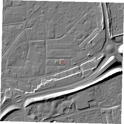Shaded relief map of the ground around HU91NG, computed from Environment Agency LiDAR. The ground here sits at about 3 m above sea level and falls 12 m across the surrounding 800 m. Surface water reaching this point runs off ground lying to the south-south-east, 8.6 m higher.