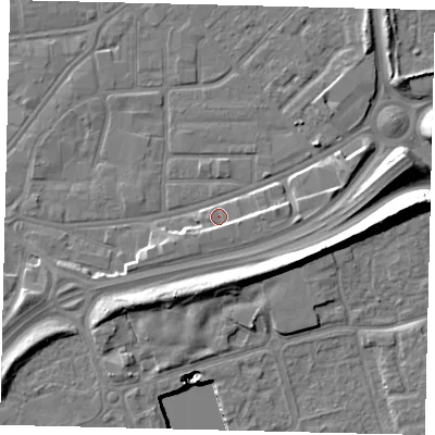 Shaded relief map of the ground around HU91NJ, computed from Environment Agency LiDAR. The ground here sits at about 4 m above sea level and falls 13 m across the surrounding 800 m. Surface water reaching this point runs off ground lying to the west-south-west, 3.3 m higher.