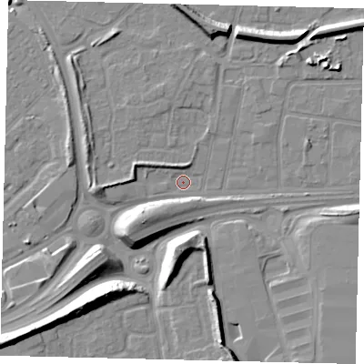 Shaded relief map of the ground around HU91NQ, computed from Environment Agency LiDAR. The ground here sits at about 2 m above sea level and falls 12 m across the surrounding 800 m. Surface water reaching this point runs off ground lying to the south-west, 11.7 m higher.