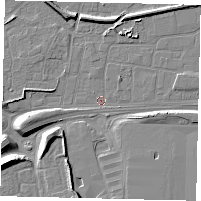 Shaded relief map of the ground around HU91NU, computed from Environment Agency LiDAR. The ground here sits at about 2 m above sea level and falls 12 m across the surrounding 800 m. Surface water reaching this point runs off ground lying to the north-east, 1.0 m higher.