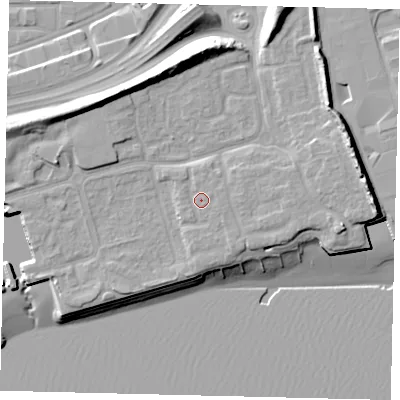 Shaded relief map of the ground around HU91PJ, computed from Environment Agency LiDAR. The ground here sits at about 6 m above sea level and falls 16 m across the surrounding 800 m. Surface water reaching this point runs off ground lying to the east-north-east, 0.8 m higher.
