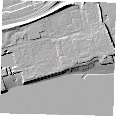 Shaded relief map of the ground around HU91PL, computed from Environment Agency LiDAR. The ground here sits at about 5 m above sea level and falls 16 m across the surrounding 800 m. Surface water reaching this point runs off ground lying to the east-south-east, 2.6 m higher.