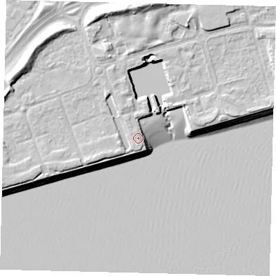 Shaded relief map of the ground around HU91PN, computed from Environment Agency LiDAR. The ground here sits at about 5 m above sea level and falls 12 m across the surrounding 800 m. Surface water reaching this point runs off ground lying to the west-south-west, 2.1 m higher.