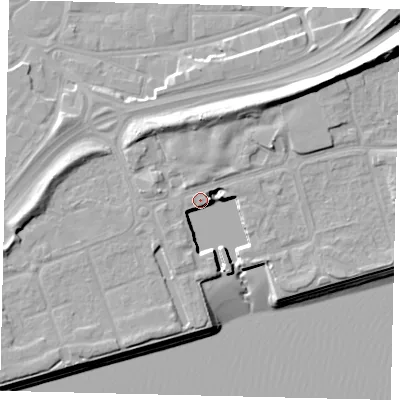 Shaded relief map of the ground around HU91PQ, computed from Environment Agency LiDAR. The ground here sits at about 5 m above sea level and falls 14 m across the surrounding 800 m. Surface water reaching this point runs off ground lying to the north-east, 11.3 m higher.
