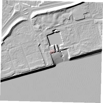 Shaded relief map of the ground around HU91PR, computed from Environment Agency LiDAR. The ground here sits at about 5 m above sea level and falls 13 m across the surrounding 800 m. Surface water reaching this point runs off ground lying to the south-west, 2.4 m higher.