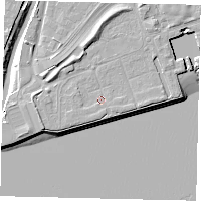 Shaded relief map of the ground around HU91PS, computed from Environment Agency LiDAR. The ground here sits at about 5 m above sea level and falls 11 m across the surrounding 800 m. Surface water reaching this point runs off ground lying to the south-west, 1.6 m higher.
