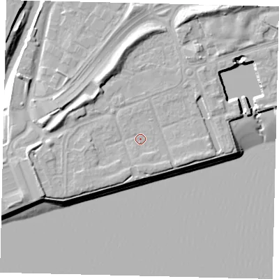 Shaded relief map of the ground around HU91PT, computed from Environment Agency LiDAR. The ground here sits at about 5 m above sea level and falls 13 m across the surrounding 800 m. Surface water reaching this point runs off ground lying to the south-west, 1.6 m higher.