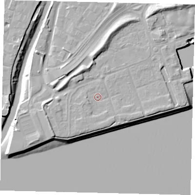 Shaded relief map of the ground around HU91PU, computed from Environment Agency LiDAR. The ground here sits at about 5 m above sea level and falls 12 m across the surrounding 800 m. Surface water reaching this point runs off ground lying to the south-south-west, 1.7 m higher.