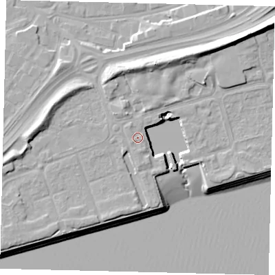 Shaded relief map of the ground around HU91PW, computed from Environment Agency LiDAR. The ground here sits at about 5 m above sea level and falls 13 m across the surrounding 800 m. Surface water reaching this point runs off ground lying to the north-north-west, 0.9 m higher.
