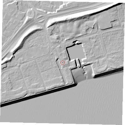 Shaded relief map of the ground around HU91PX, computed from Environment Agency LiDAR. The ground here sits at about 6 m above sea level and falls 13 m across the surrounding 800 m. Surface water reaching this point runs off ground lying to the west-north-west, 4.4 m higher.