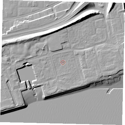Shaded relief map of the ground around HU91PY, computed from Environment Agency LiDAR. The ground here sits at about 5 m above sea level and falls 15 m across the surrounding 800 m. Surface water reaching this point runs off ground lying to the east-south-east, 2.8 m higher.