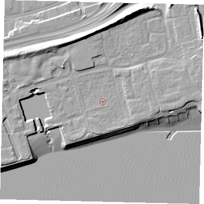 Shaded relief map of the ground around HU91PZ, computed from Environment Agency LiDAR. The ground here sits at about 5 m above sea level and falls 15 m across the surrounding 800 m. Surface water reaching this point runs off ground lying to the east, 2.7 m higher.