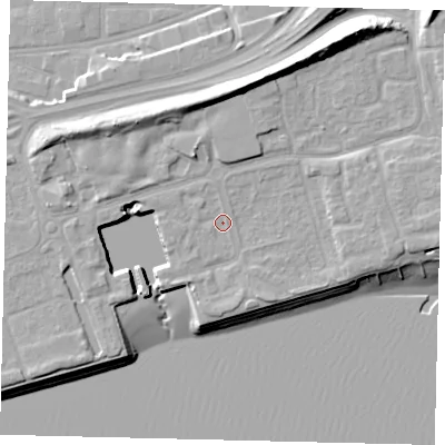 Shaded relief map of the ground around HU91QA, computed from Environment Agency LiDAR. The ground here sits at about 5 m above sea level and falls 15 m across the surrounding 800 m. Surface water reaching this point runs off ground lying to the north-west, 0.9 m higher.