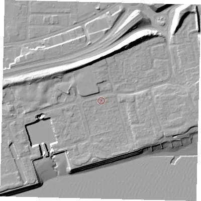 Shaded relief map of the ground around HU91QB, computed from Environment Agency LiDAR. The ground here sits at about 5 m above sea level and falls 15 m across the surrounding 800 m. Surface water reaching this point runs off ground lying to the west-north-west, 2.1 m higher.
