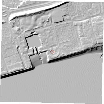 Shaded relief map of the ground around HU91QD, computed from Environment Agency LiDAR. The ground here sits at about 5 m above sea level and falls 14 m across the surrounding 800 m. Surface water reaching this point runs off ground lying to the east-north-east, 2.6 m higher.