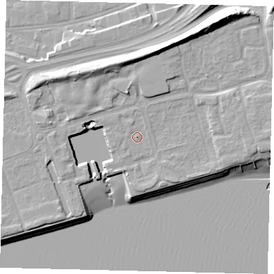 Shaded relief map of the ground around HU91QE, computed from Environment Agency LiDAR. The ground here sits at about 5 m above sea level and falls 15 m across the surrounding 800 m. Surface water reaching this point runs off ground lying to the north-north-west, 0.9 m higher.