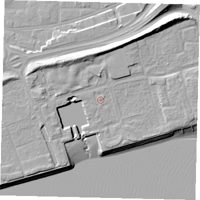 Shaded relief map of the ground around HU91QF, computed from Environment Agency LiDAR. The ground here sits at about 5 m above sea level and falls 15 m across the surrounding 800 m. Surface water reaching this point runs off ground lying to the north-north-west, 0.9 m higher.