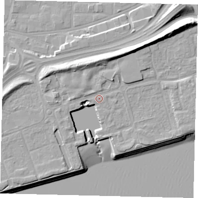 Shaded relief map of the ground around HU91QG, computed from Environment Agency LiDAR. The ground here sits at about 5 m above sea level and falls 15 m across the surrounding 800 m. Surface water reaching this point runs off ground lying to the north-east, 6.7 m higher.