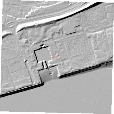 Shaded relief map of the ground around HU91QH, computed from Environment Agency LiDAR. The ground here sits at about 5 m above sea level and falls 15 m across the surrounding 800 m. Surface water reaching this point runs off ground lying to the east, 2.8 m higher.