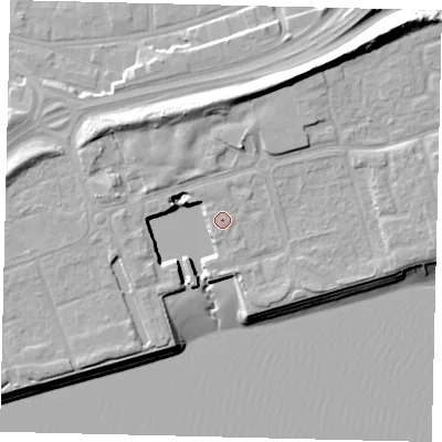 Shaded relief map of the ground around HU91QJ, computed from Environment Agency LiDAR. The ground here sits at about 5 m above sea level and falls 15 m across the surrounding 800 m. Surface water reaching this point runs off ground lying to the north-north-east, 0.8 m higher.
