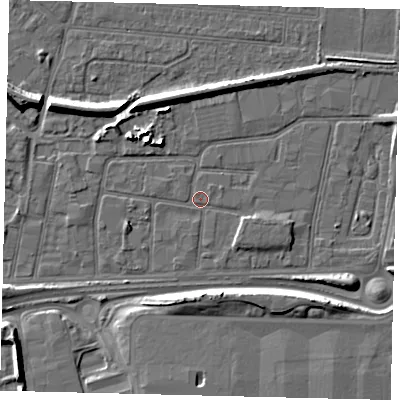 Shaded relief map of the ground around HU91RH, computed from Environment Agency LiDAR. The ground here sits at about 3 m above sea level and falls 8 m across the surrounding 800 m. Surface water reaching this point runs off ground lying to the south-east, 1.5 m higher.