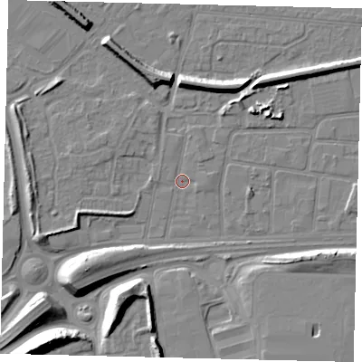 Shaded relief map of the ground around HU91RJ, computed from Environment Agency LiDAR. The ground here sits at about 2 m above sea level and falls 12 m across the surrounding 800 m. Surface water reaching this point runs off ground lying to the south-west, 11.7 m higher.