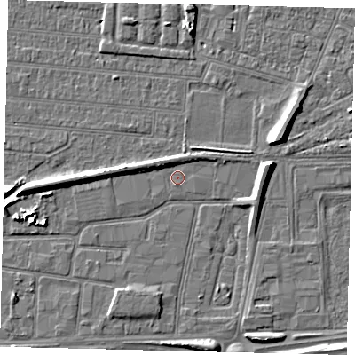 Shaded relief map of the ground around HU91RZ, computed from Environment Agency LiDAR. The ground here sits at about 3 m above sea level and falls 7 m across the surrounding 800 m. Surface water reaching this point runs off ground lying to the north-north-west, 1.8 m higher.