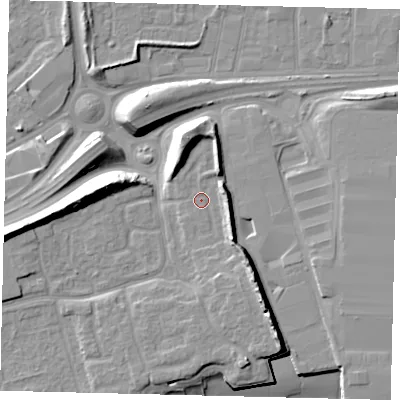 Shaded relief map of the ground around HU91ST, computed from Environment Agency LiDAR. The ground here sits at about 6 m above sea level and falls 13 m across the surrounding 800 m. Surface water reaching this point runs off ground lying to the south-south-east, 7.8 m higher.