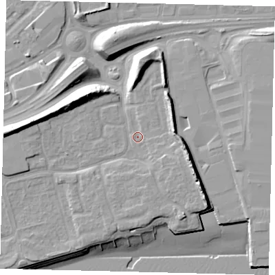 Shaded relief map of the ground around HU91SU, computed from Environment Agency LiDAR. The ground here sits at about 5 m above sea level and falls 16 m across the surrounding 800 m. Surface water reaching this point runs off ground lying to the south-east, 8.4 m higher.