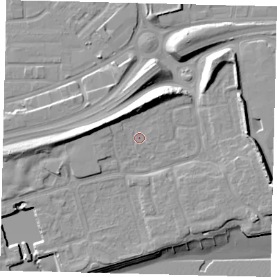 Shaded relief map of the ground around HU91SY, computed from Environment Agency LiDAR. The ground here sits at about 5 m above sea level and falls 16 m across the surrounding 800 m. Surface water reaching this point runs off ground lying to the north, 7.8 m higher.