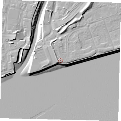 Shaded relief map of the ground around HU91SZ, computed from Environment Agency LiDAR. The ground here sits at about 6 m above sea level and falls 11 m across the surrounding 800 m. Surface water reaching this point runs off ground lying to the north-north-west, 2.9 m higher.