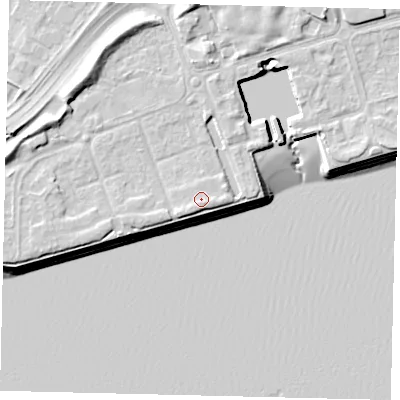 Shaded relief map of the ground around HU91TE, computed from Environment Agency LiDAR. The ground here sits at about 6 m above sea level and falls 11 m across the surrounding 800 m. Surface water reaching this point runs off ground lying to the south-east, 0.8 m higher.