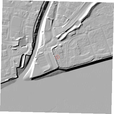 Shaded relief map of the ground around HU91TF, computed from Environment Agency LiDAR. The ground here sits at about 6 m above sea level and falls 11 m across the surrounding 800 m. Surface water reaching this point runs off ground lying to the north-north-west, 1.8 m higher.