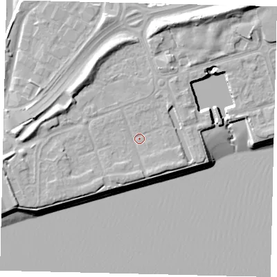 Shaded relief map of the ground around HU91TG, computed from Environment Agency LiDAR. The ground here sits at about 5 m above sea level and falls 13 m across the surrounding 800 m. Surface water reaching this point runs off ground lying to the south-south-east, 1.6 m higher.