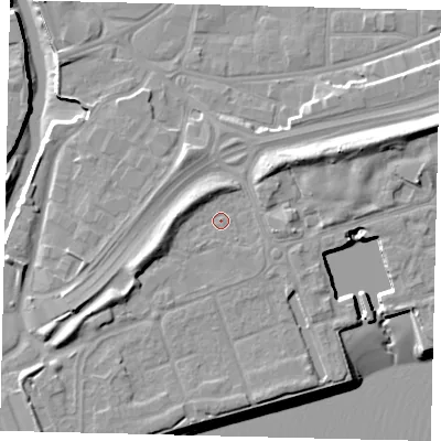 Shaded relief map of the ground around HU91TH, computed from Environment Agency LiDAR. The ground here sits at about 5 m above sea level and falls 13 m across the surrounding 800 m. Surface water reaching this point runs off ground lying to the west-north-west, 3.2 m higher.