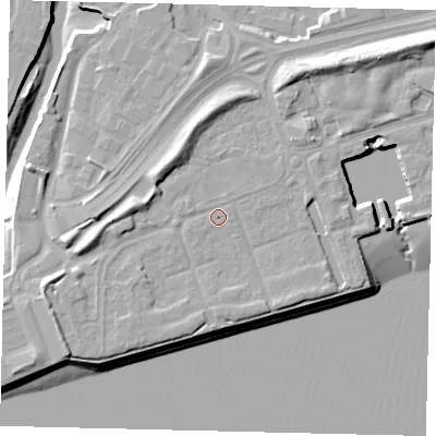 Shaded relief map of the ground around HU91TL, computed from Environment Agency LiDAR. The ground here sits at about 5 m above sea level and falls 13 m across the surrounding 800 m. Surface water reaching this point runs off ground lying to the north-north-west, 4.1 m higher.