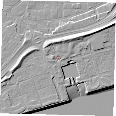 Shaded relief map of the ground around HU91TR, computed from Environment Agency LiDAR. The ground here sits at about 5 m above sea level and falls 13 m across the surrounding 800 m. Surface water reaching this point runs off ground lying to the north, 5.2 m higher.