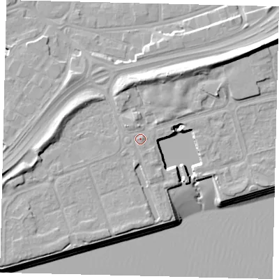 Shaded relief map of the ground around HU91TS, computed from Environment Agency LiDAR. The ground here sits at about 6 m above sea level and falls 13 m across the surrounding 800 m. Surface water reaching this point runs off ground lying to the south, 0.7 m higher.
