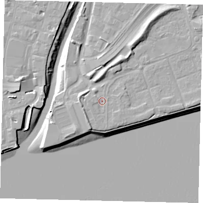 Shaded relief map of the ground around HU91TW, computed from Environment Agency LiDAR. The ground here sits at about 5 m above sea level and falls 11 m across the surrounding 800 m. Surface water reaching this point runs off ground lying to the south-east, 0.8 m higher.