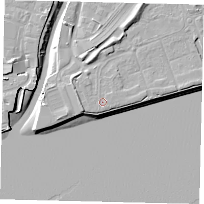 Shaded relief map of the ground around HU91UE, computed from Environment Agency LiDAR. The ground here sits at about 6 m above sea level and falls 11 m across the surrounding 800 m. Surface water reaching this point runs off ground lying to the north-east, 0.5 m higher.