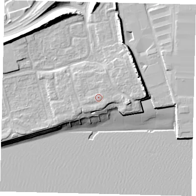 Shaded relief map of the ground around HU91UL, computed from Environment Agency LiDAR. The ground here sits at about 7 m above sea level and falls 16 m across the surrounding 800 m. Surface water reaching this point runs off ground lying to the south, 0.8 m higher.