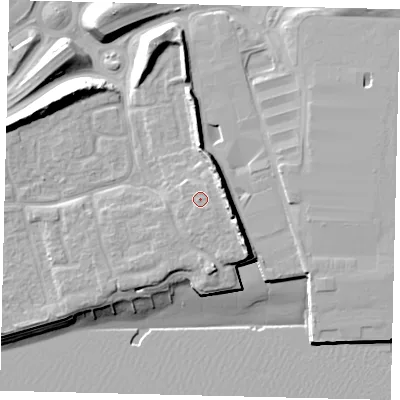 Shaded relief map of the ground around HU91UN, computed from Environment Agency LiDAR. The ground here sits at about 8 m above sea level and falls 16 m across the surrounding 800 m. Surface water reaching this point runs off ground lying to the east-south-east, 5.5 m higher.