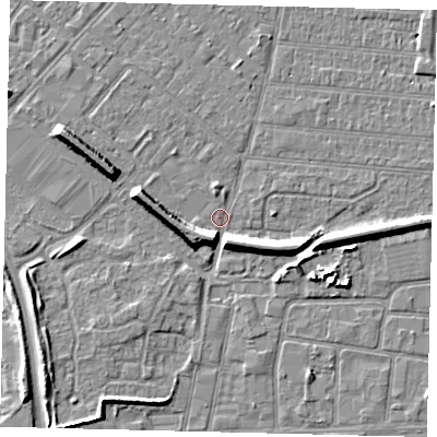 Shaded relief map of the ground around HU92AD, computed from Environment Agency LiDAR. The ground here sits at about 2 m above sea level and falls 7 m across the surrounding 800 m. Surface water reaching this point runs off ground lying to the south-west, 6.6 m higher.
