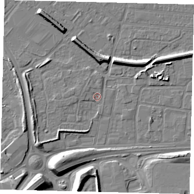 Shaded relief map of the ground around HU92AG, computed from Environment Agency LiDAR. The ground here sits at about 3 m above sea level and falls 11 m across the surrounding 800 m. Surface water reaching this point runs off ground lying to the west, 1.7 m higher.