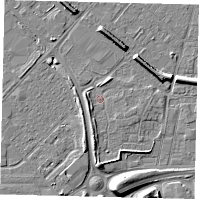 Shaded relief map of the ground around HU92AT, computed from Environment Agency LiDAR. The ground here sits at about 3 m above sea level and falls 11 m across the surrounding 800 m. Surface water reaching this point runs off ground lying to the south-west, 3.1 m higher.