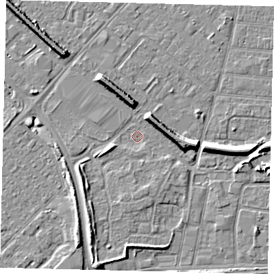 Shaded relief map of the ground around HU92AY, computed from Environment Agency LiDAR. The ground here sits at about 2 m above sea level and falls 8 m across the surrounding 800 m. Surface water reaching this point runs off ground lying to the west-south-west, 2.2 m higher.