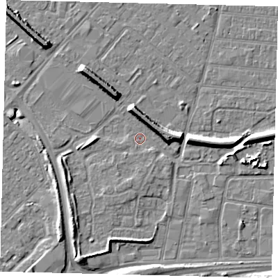 Shaded relief map of the ground around HU92BD, computed from Environment Agency LiDAR. The ground here sits at about 2 m above sea level and falls 8 m across the surrounding 800 m. Surface water reaching this point runs off ground lying to the north-west, 5.9 m higher.