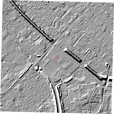 Shaded relief map of the ground around HU92BN, computed from Environment Agency LiDAR. The ground here sits at about 3 m above sea level and falls 8 m across the surrounding 800 m. The ground contributing surface water to this point lies to the south-west.