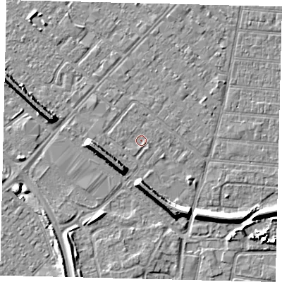 Shaded relief map of the ground around HU92BQ, computed from Environment Agency LiDAR. The ground here sits at about 2 m above sea level and falls 8 m across the surrounding 800 m. Surface water reaching this point runs off ground lying to the west, 0.6 m higher.