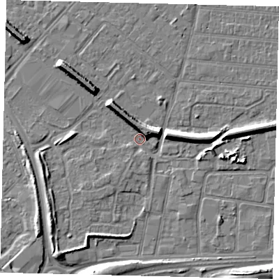 Shaded relief map of the ground around HU92DR, computed from Environment Agency LiDAR. The ground here sits at about 2 m above sea level and falls 7 m across the surrounding 800 m. Surface water reaching this point runs off ground lying to the north-east, 6.6 m higher.